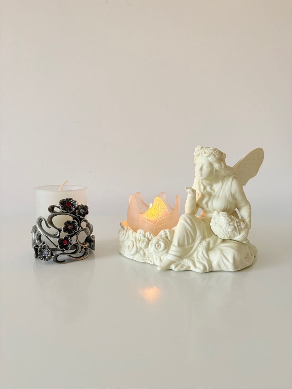 Vintage PartyLite Fairy Ariana’s Garden Ivory Bisque Tea Light Votive Candle + 1